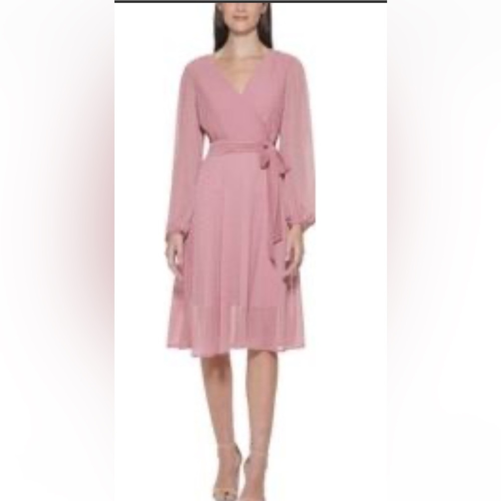 Kensie Clip Dot Faux Wrap Chiffon Elegant Pink Wrap Dress. Size 8